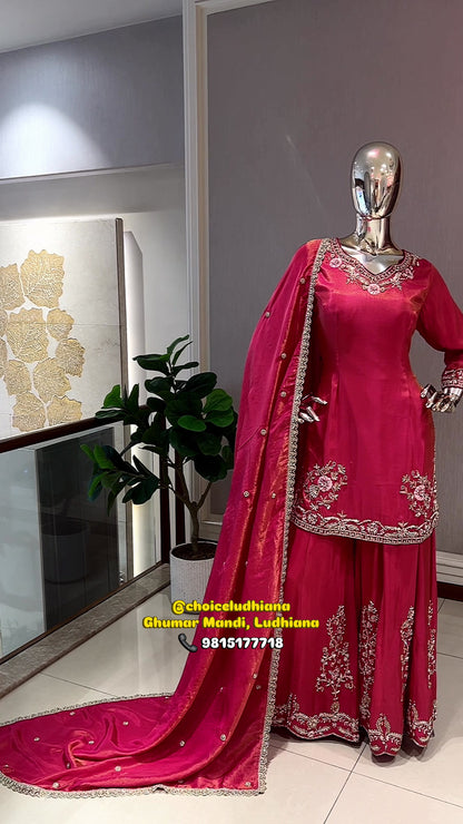 Rani Pink Premium Shimmer Silk Pakistani Style Hand-Embroidered Sharara Set