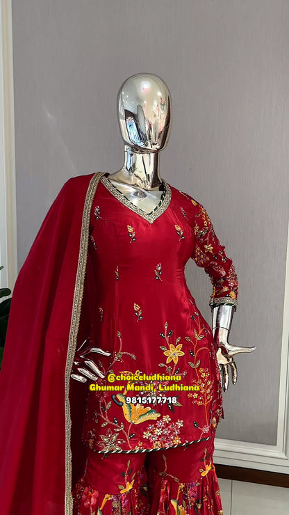 Scarlet Red Silk Short Shirt with Floral Thread Embroidery & Flared Sharara