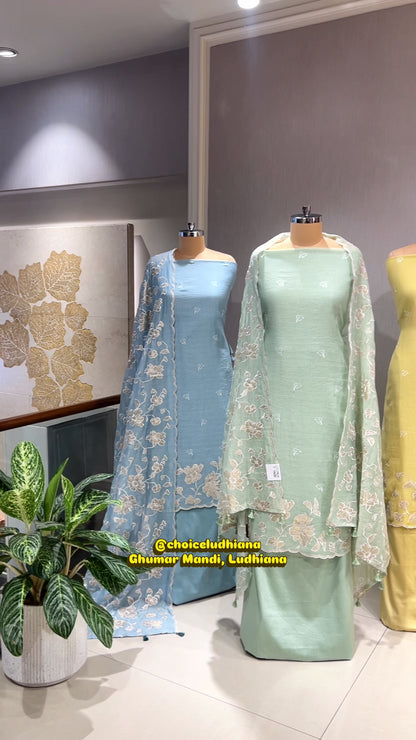 Pure Malmal Cotton Suit Set with Crepe Bottom & Four-Side Cutwork Dupatta