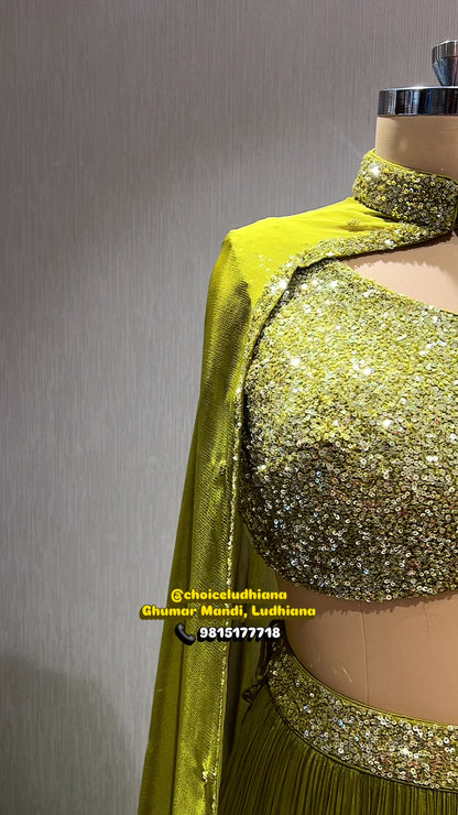 Contemporary Sequined Cape Lehenga Set in Olive Yellow-Green
