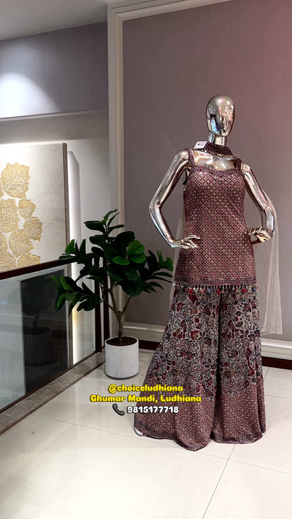 Elegant Dusty Pink Georgette Embroidered Shirt Set with Floral Palazzo
