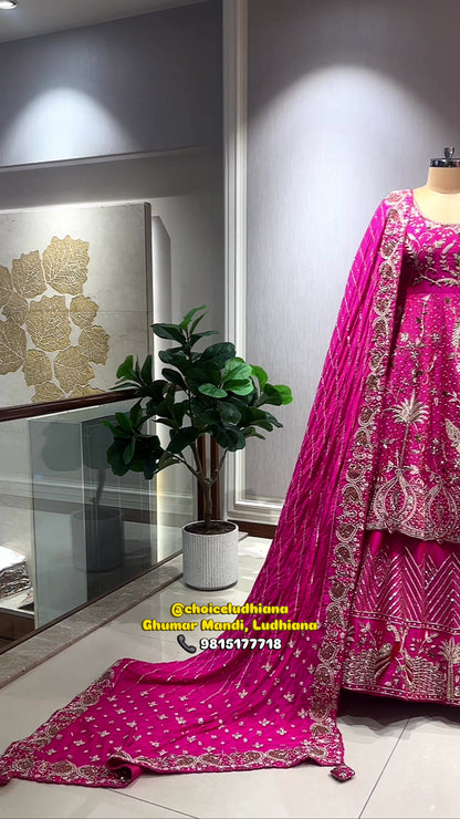 Hot Pink Embroidered Bridal Lehenga Set with Designer Dupatta